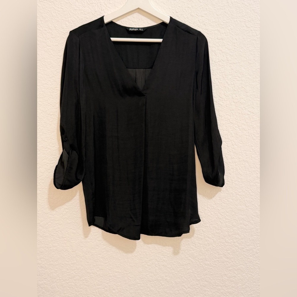 Stradivarius Black V-Neck Blouse | Roll-Tab Sleeve